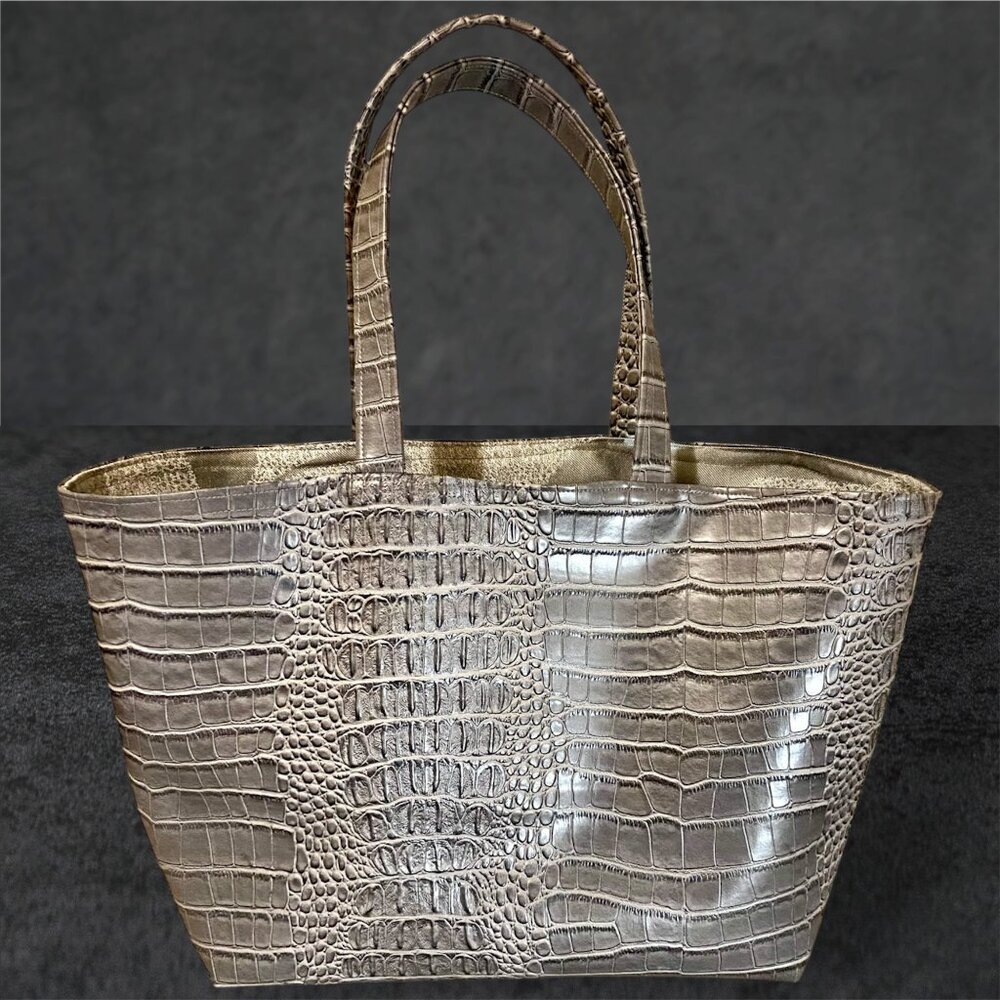 Gray Reversible Crocodile print tote bag with Gray satin lining. Handmade. 2-n-1